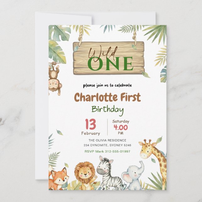 Invitación Safari Wild One | Jungle Animal Babys 1st Birthday (Anverso)