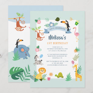 Invitación Safari Wild One Primer Cumpleaños Animales de la J