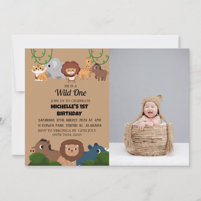 Invitación Safari Wild One Simple First Birday Baby Photo (Anverso)