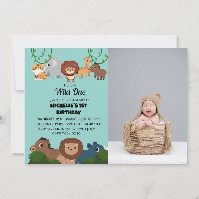 Invitación Safari Wild One Simple First Birday Baby Photo (Anverso)