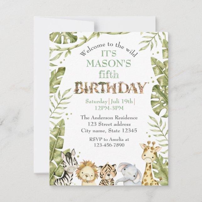 Invitación Safari Wild One Watercolor Cumpleaños (Anverso)