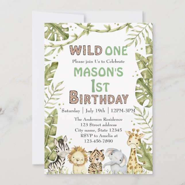 Invitación Safari Wild One Watercolor Primer cumpleaños (Anverso)
