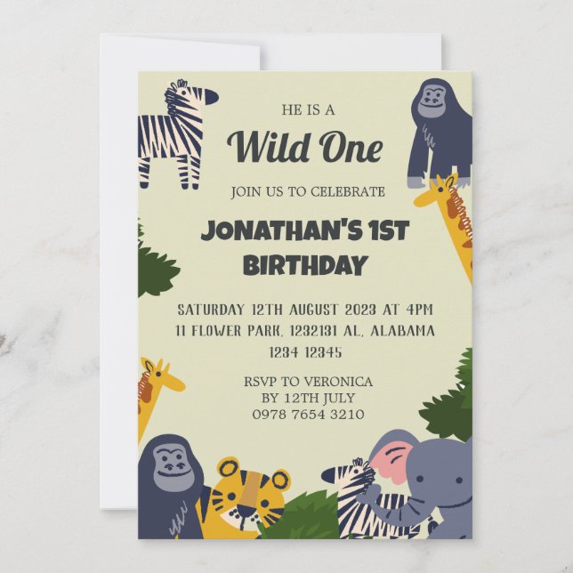 Invitación Safari Wild: un simple bebé de primer cumpleaños (Anverso)