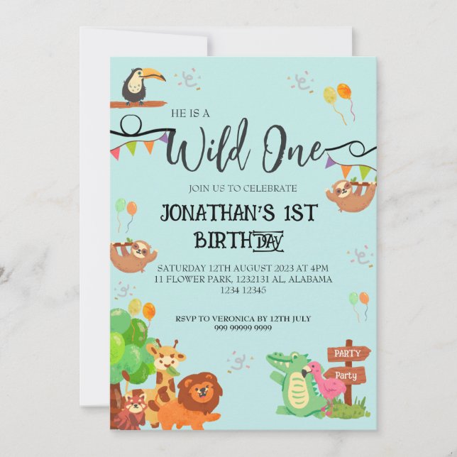 Invitación Safari Wild: un simple bebé de primer cumpleaños (Anverso)