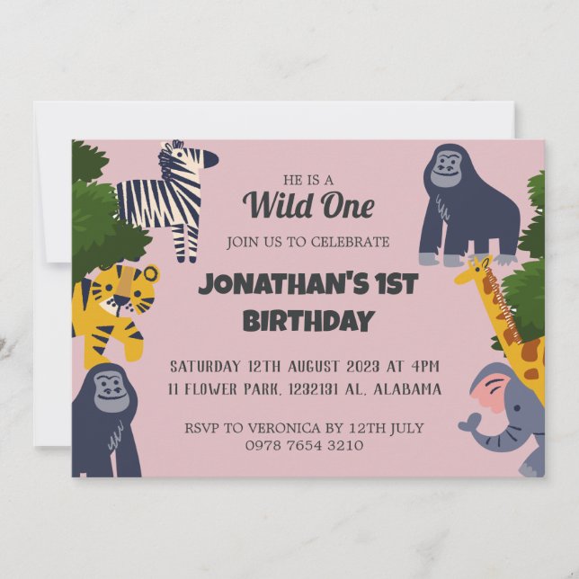Invitación Safari Wild: un simple bebé de primer cumpleaños (Anverso)