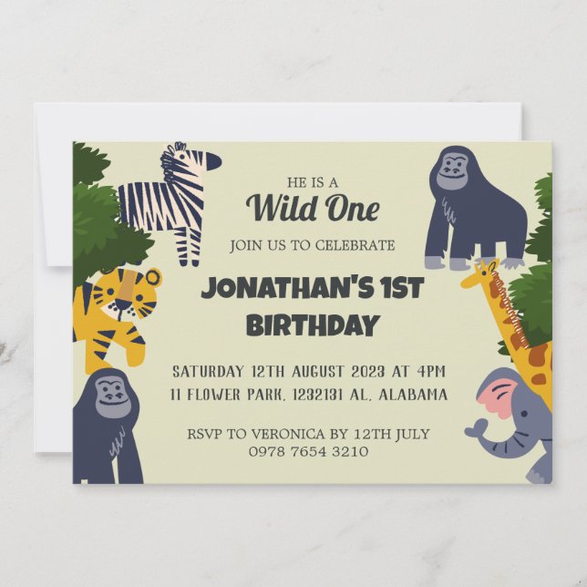 Invitación Safari Wild: un simple bebé de primer cumpleaños (Anverso)