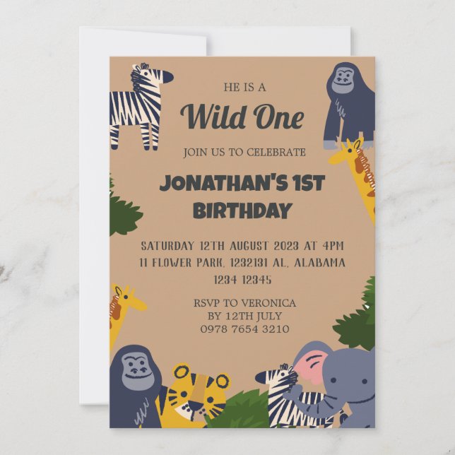 Invitación Safari Wild: un simple bebé de primer cumpleaños (Anverso)