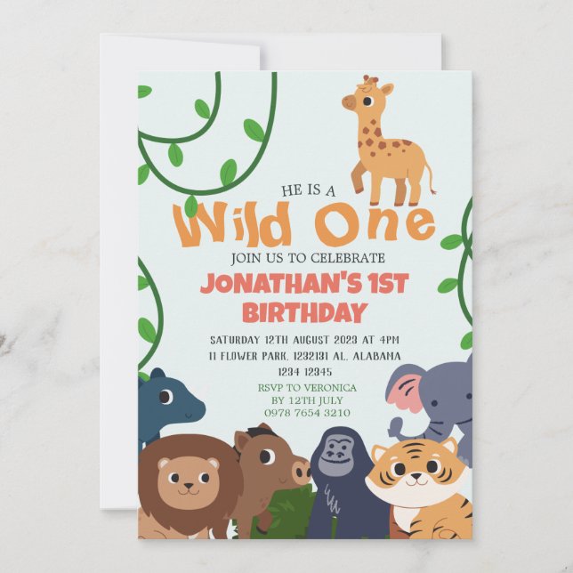 Invitación Safari Wild: un simple bebé de primer cumpleaños (Anverso)