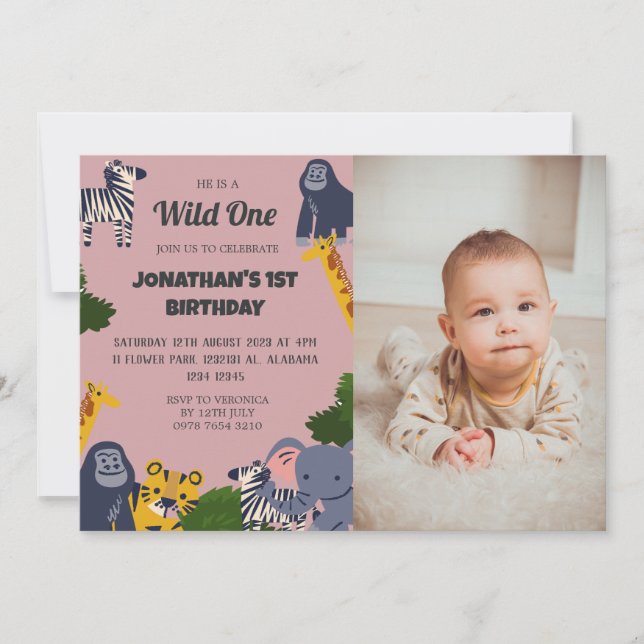 Invitación Safari Wild, una simple foto del primer cumpleaños (Anverso)