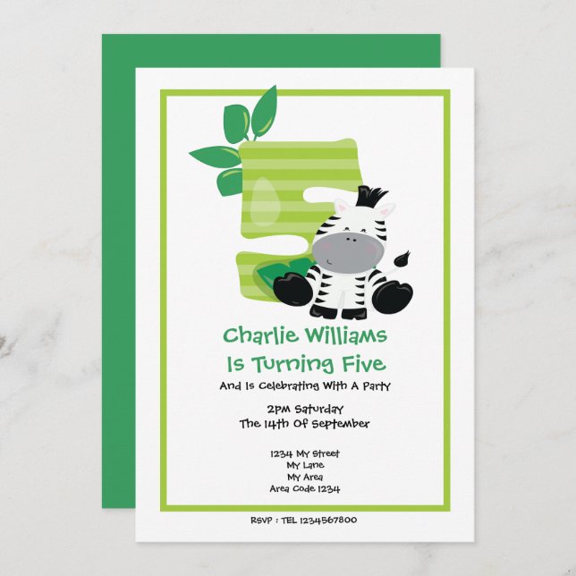 Invitación Safari Zebra Quinta Fiesta de Cumpleaños (Anverso / Reverso)
