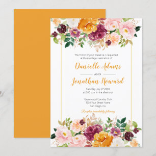 Invitación Saffron Burgundy Boda floral de color de agua rosa