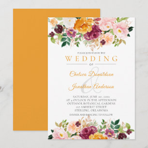Invitación Saffron, rosa, borgoña Boda de Rosas de acuarela
