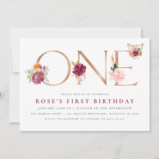 Invitación Saffron Rosa Gold Floral Mariposa 1er cumpleaños  (Anverso)