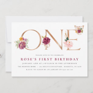 Invitación Saffron Rosa Gold Floral Mariposa 1er cumpleaños 