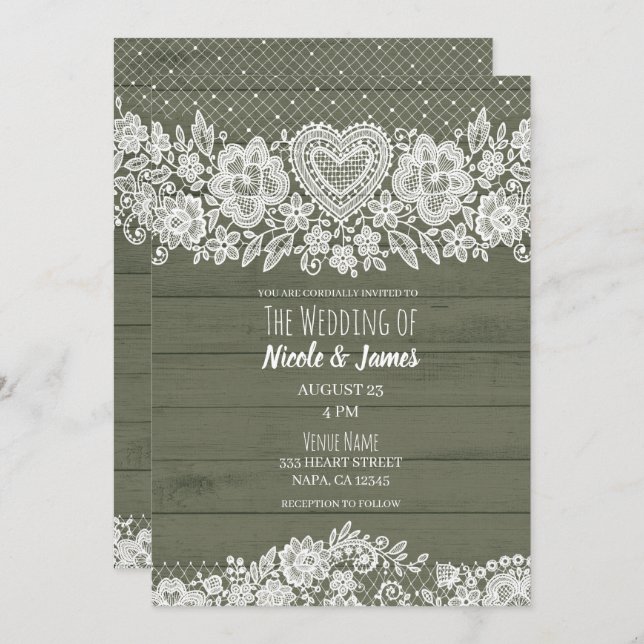 Invitación Sag Green Rustic Wood Lace Farmhouse Barn Boda (Anverso / Reverso)