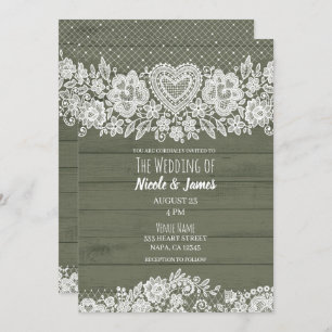 Invitación Sag Green Rustic Wood Lace Farmhouse Barn Boda