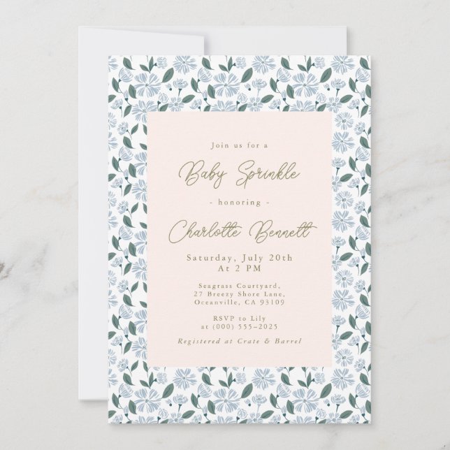 Invitación Sage and Duste Blue Bloom Floral Baby Sprinkle (Anverso)