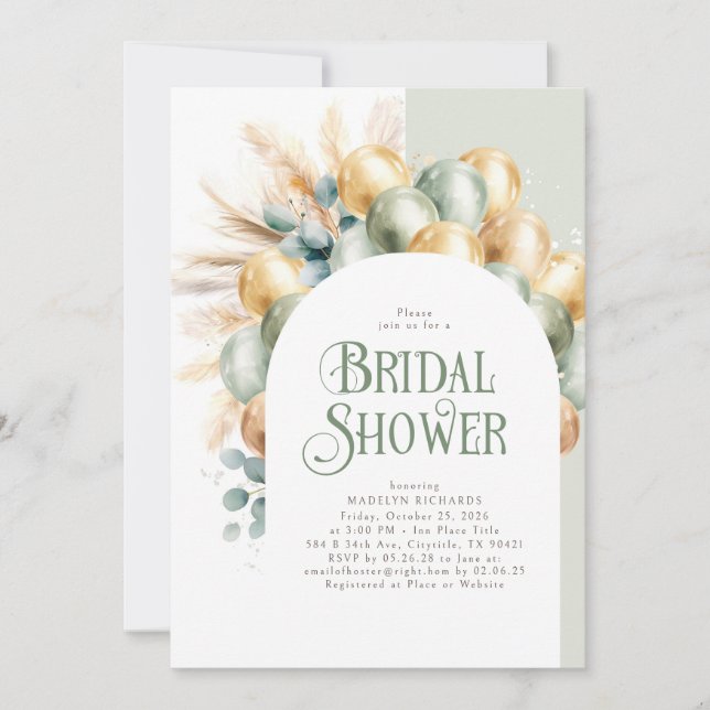 Invitación Sage and Gold Boho Arch Elegant Bridal Shower (Anverso)