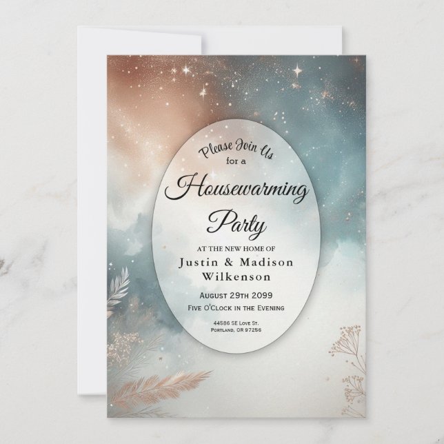 Invitación Sage and Terracotta Stardust Skies Housewarming (Anverso)