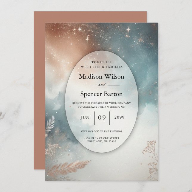 Invitación Sage and Terracotta Stardust Skies Wedding (Anverso / Reverso)