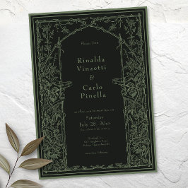 Invitación Sage Black Vintage Botanical Trellis Arch Wedding