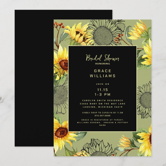 Invitación Sage & Black Watercolor Sunflower Shower (Anverso / Reverso)