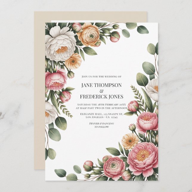 Invitación Sage, Blush and Light Tan Floral Wedding QR Code (Anverso / Reverso)