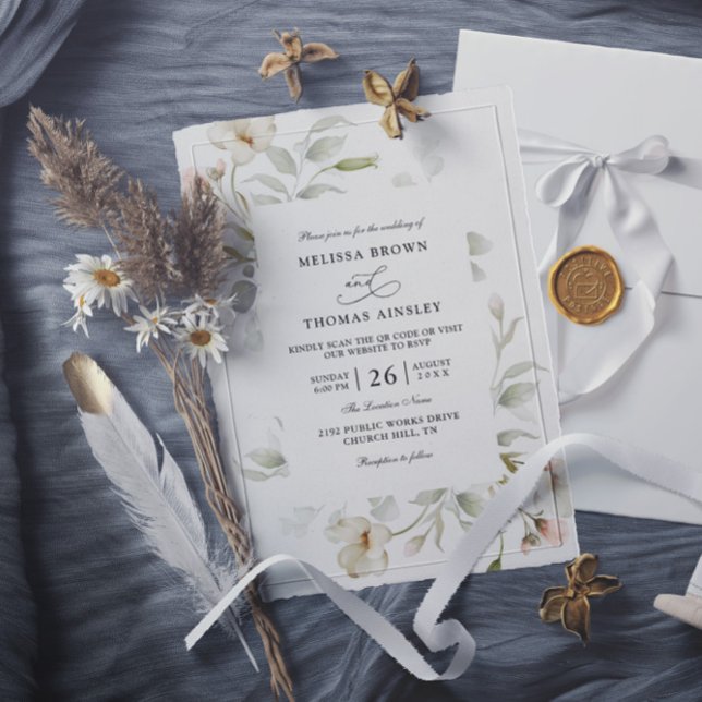 Invitación Sage Blush Elegant Floral Budget QR Code Wedding (Subido por el creador)