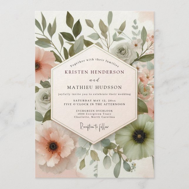 Invitación Sage Blush Watercolor Flora Wedding (Anverso)
