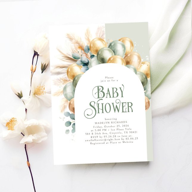 Invitación Sage Boho Arch Baby Shower Género neutral (Sage and Brown Baby Shower Invitations)