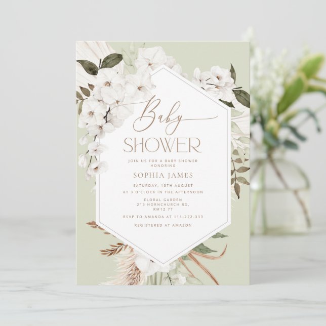 Invitación Sage boho pampas césped bebé ducha (Anverso de pie)