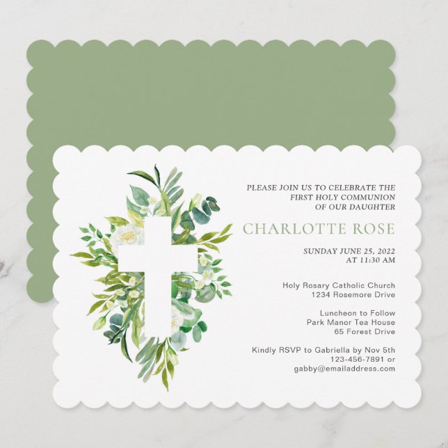 Invitación Sage Botanical Watercolor First Holy Communiv (Anverso / Reverso)