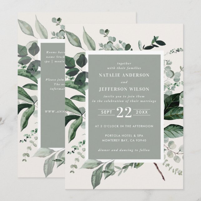 Invitación Sage botánico floral elegante detalles de boda QR (Anverso / Reverso)