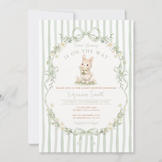 Invitación Sage Bow Stripe Green Bunny Baby Shower Invitation (Anverso)