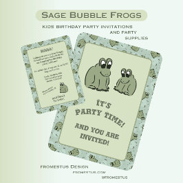 Invitación Sage Bubble Frogs - fun kids birthday party.