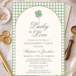 Invitación Sage Checkered Lucky in Love Engagement Party