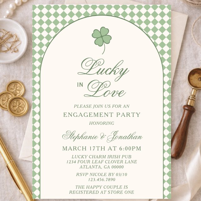 Invitación Sage Checkered Lucky in Love Engagement Party (Subido por el creador)