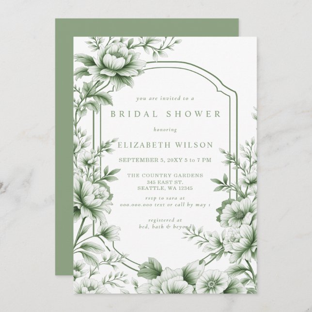 Invitación Sage Chinoiserie Toile Floral Bridal Shower (Anverso / Reverso)