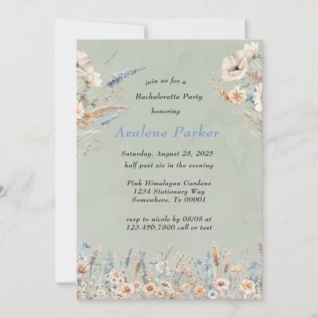 Invitación Sage Dusty Blue Wildflowers Bachelorette Party (Anverso)