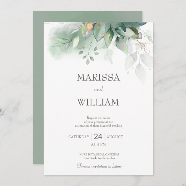 Invitación Sage Elegant Eucalyptus Wedting (Anverso / Reverso)