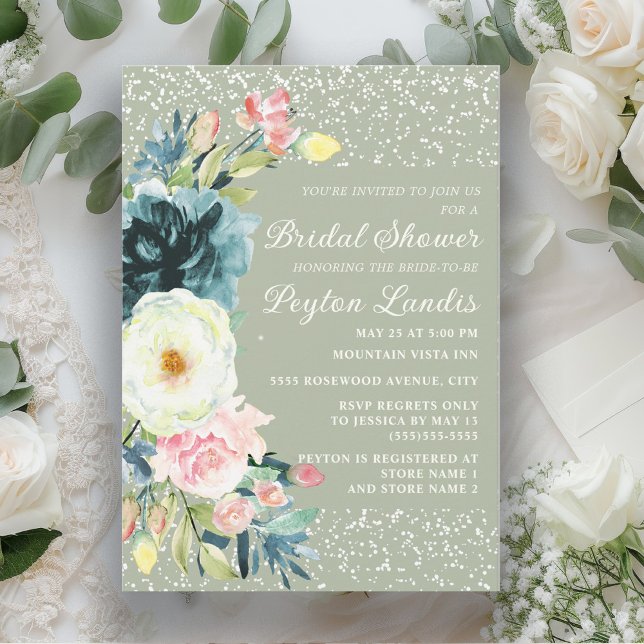 Invitación Sage Emerald Green Cream Floral Brillante (Sage green bridal shower invitation with pink, emerald green, and cream-colored floral
)