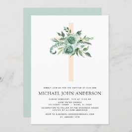 Invitación Sage Eucalyptus Baptism Green Cross
