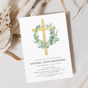 Invitación Sage Eucalyptus Baptism Greenerenereneration Gold 