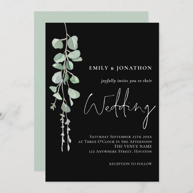Invitación Sage Eucalyptus Elegant Script Boda Negro (Anverso / Reverso)