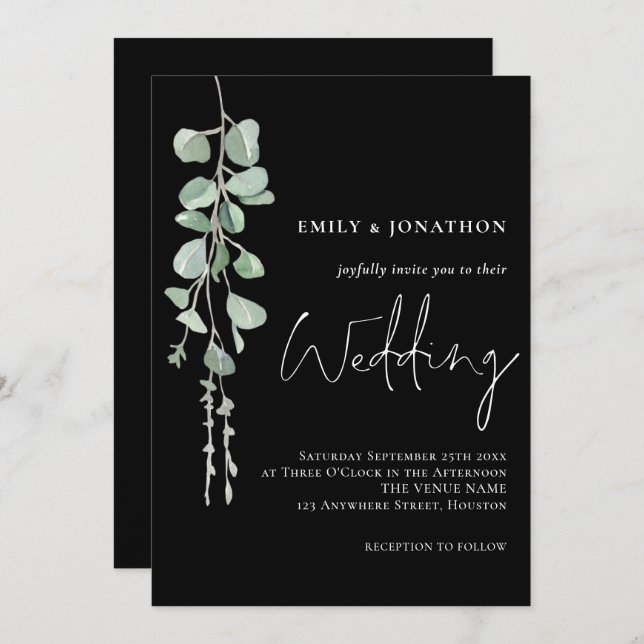 Invitación Sage Eucalyptus Moderno Script Boda Negro (Anverso / Reverso)