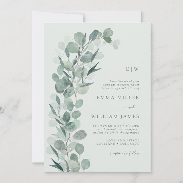 Invitación Sage Eucalyptus Monogramed Boda (Anverso)