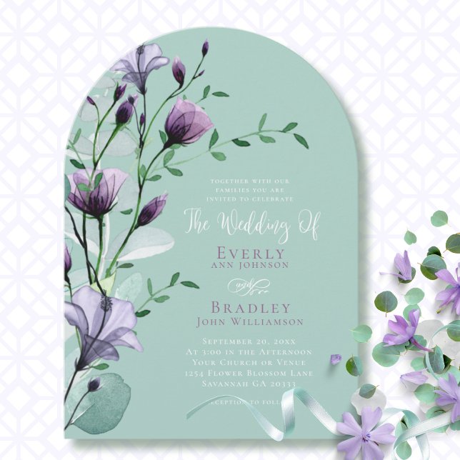 Invitación Sage Eucalyptus Purple Watercolor Floral Wedding (Subido por el creador)
