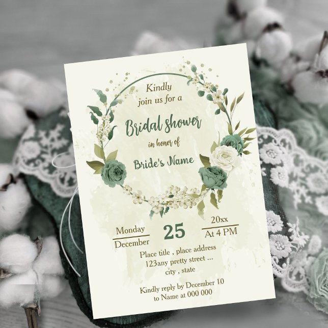 Invitación sage flor blanca verde ducha de novia botánica (Subido por el creador)
