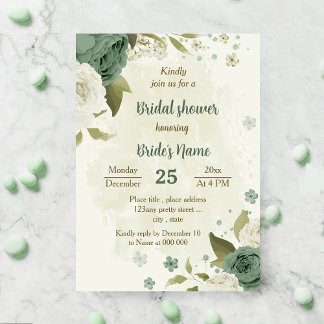 Invitación sage flor blanca verde ducha de novia botánica