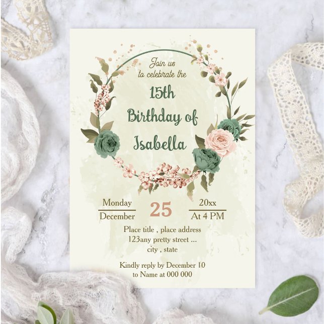 Invitación sage flor verde rubor cumpleaños botánico (Subido por el creador)